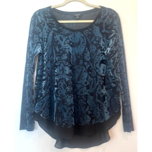 Simply Vera Wang Burnt Out Velvet Chiffon Tunic Blouse Blue Black Trim Pm Gothic - Picture 4 of 15
